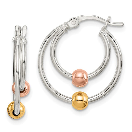 Sterling Silver, Yellow & Rose Gold-plated Bead Hoop Earrings
