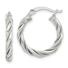 Sterling Silver Twisted Textured 3x20mm Hoop Earrings