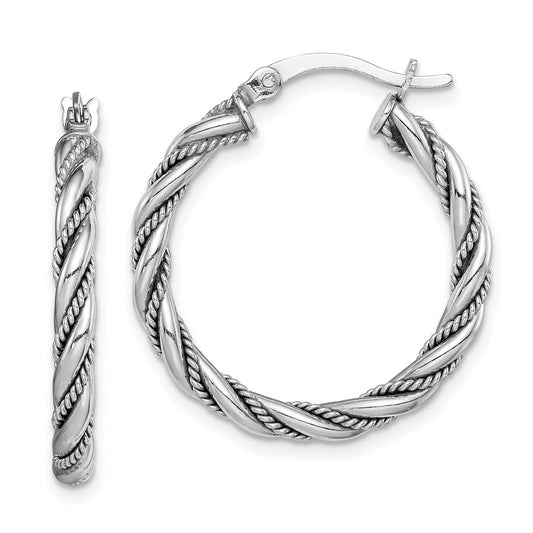 Rhodium-plated Sterling Silver 2.5x25mm Twisted Hoop Earrings