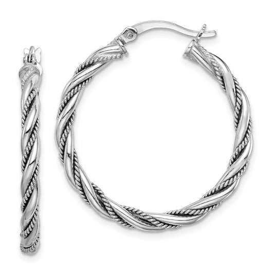 Rhodium-plated Sterling Silver 2.5x30mm Twisted Hoop Earrings