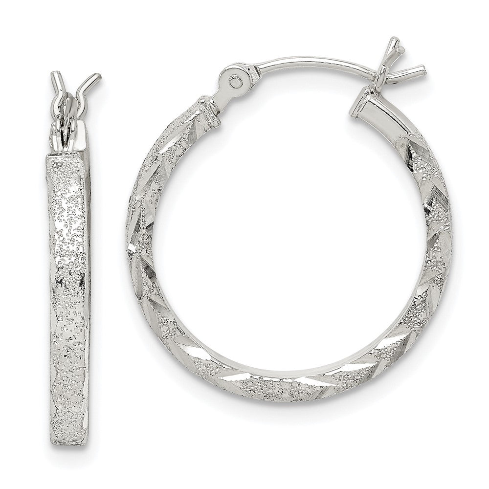 Sterling Silver Textured 2mm Diamond-cut Hoop Earrings