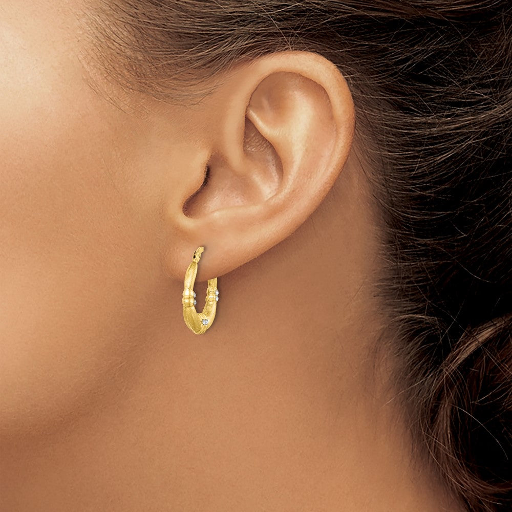 Yellow Gold-plated Sterling Silver CZ Textured Hoop Earrings