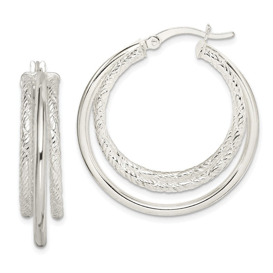 Sterling Silver Textured and Polished Triple Hoop Earrings