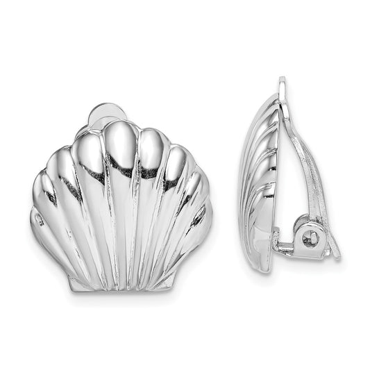 Rhodium-plated Sterling Silver Polished Shell Clip On Earrings