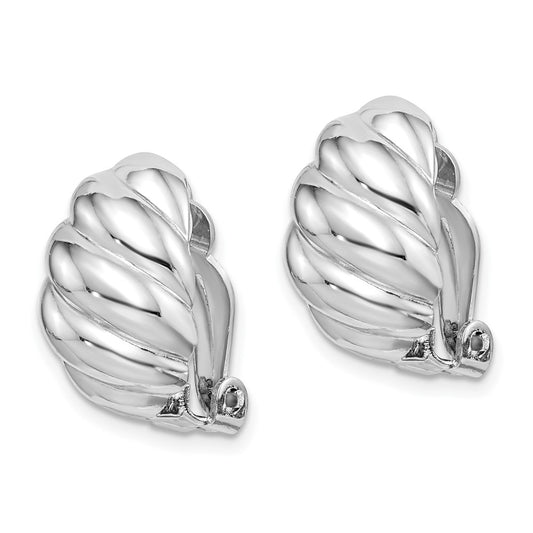 Rhodium-plated Silver Polished Scalloped Oval Clip On Earrings