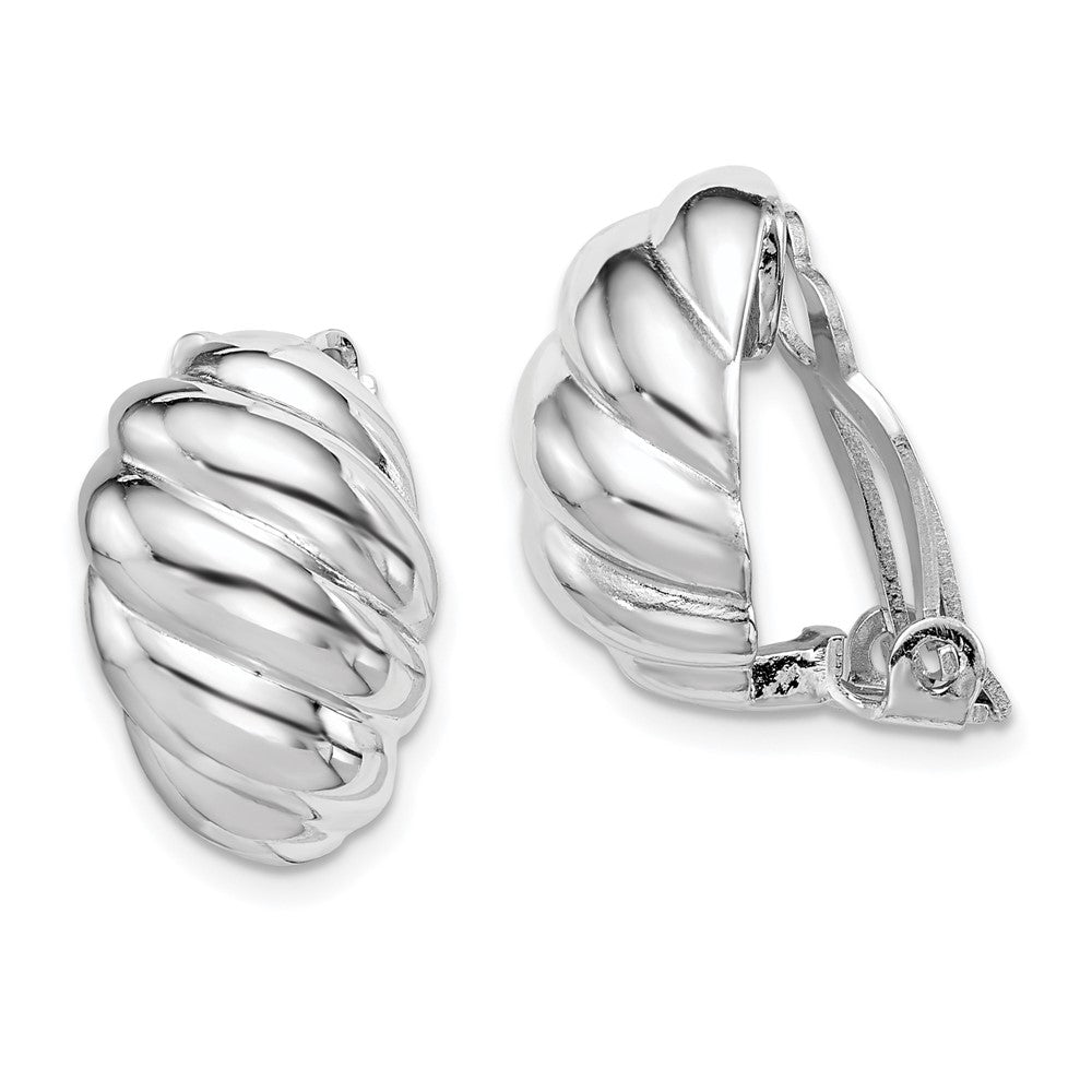 Rhodium-plated Silver Polished Scalloped Oval Clip On Earrings