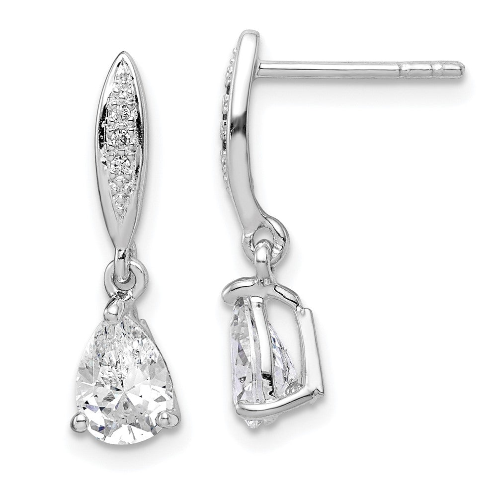 Rhodium-plated Sterling Silver 7x5 Pear CZ Post Dangle Earrings