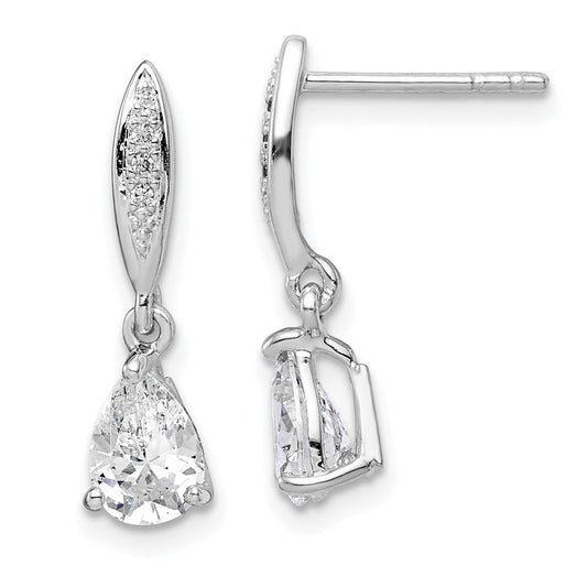 Rhodium-plated Sterling Silver 7x5 Pear CZ Post Dangle Earrings