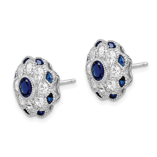 Rhodium-plated Sterling Silver CZ and Synthetic Blue Spinel Flower Post Earrings