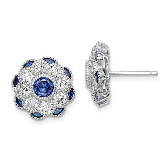 Rhodium-plated Sterling Silver CZ and Synthetic Blue Spinel Flower Post Earrings