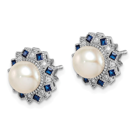 Rhodium-plated Silver FWC Pearl Syn. Blue Spinel CZ Earrings