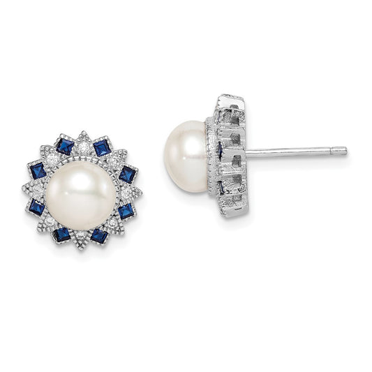 Rhodium-plated Silver FWC Pearl Syn. Blue Spinel CZ Earrings