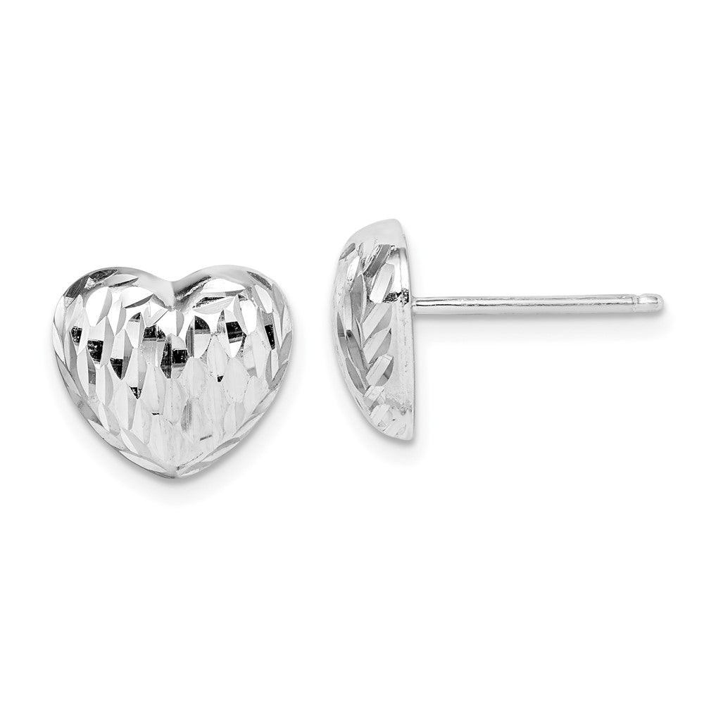 Rhodium-plated Sterling Silver Polished and Diamond-cut Heart Post Earrings