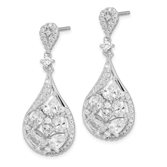 Rhodium-plated Sterling Silver CZ Teardrop Dangle Post Earrings