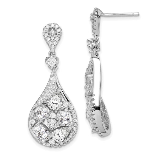 Rhodium-plated Sterling Silver CZ Teardrop Dangle Post Earrings