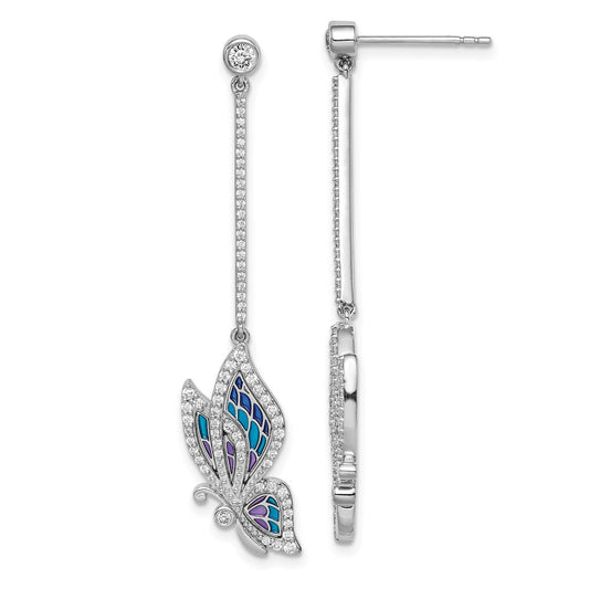 Rhodium-plated Sterling Silver Enamel Butterfly Swarovski Crystal Earrings