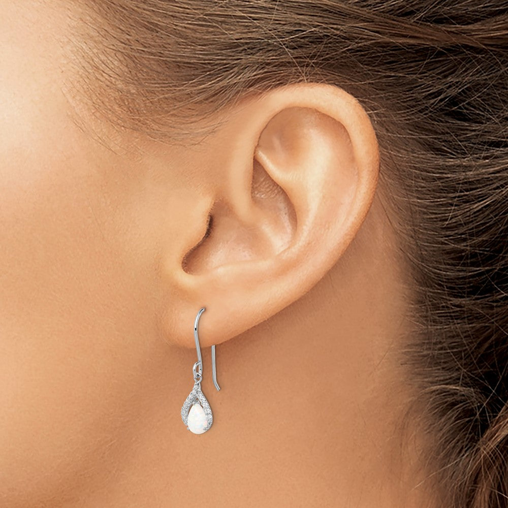 Rhodium-plated Sterling Silver CZ and Lab Created Opal Dangle Earrings