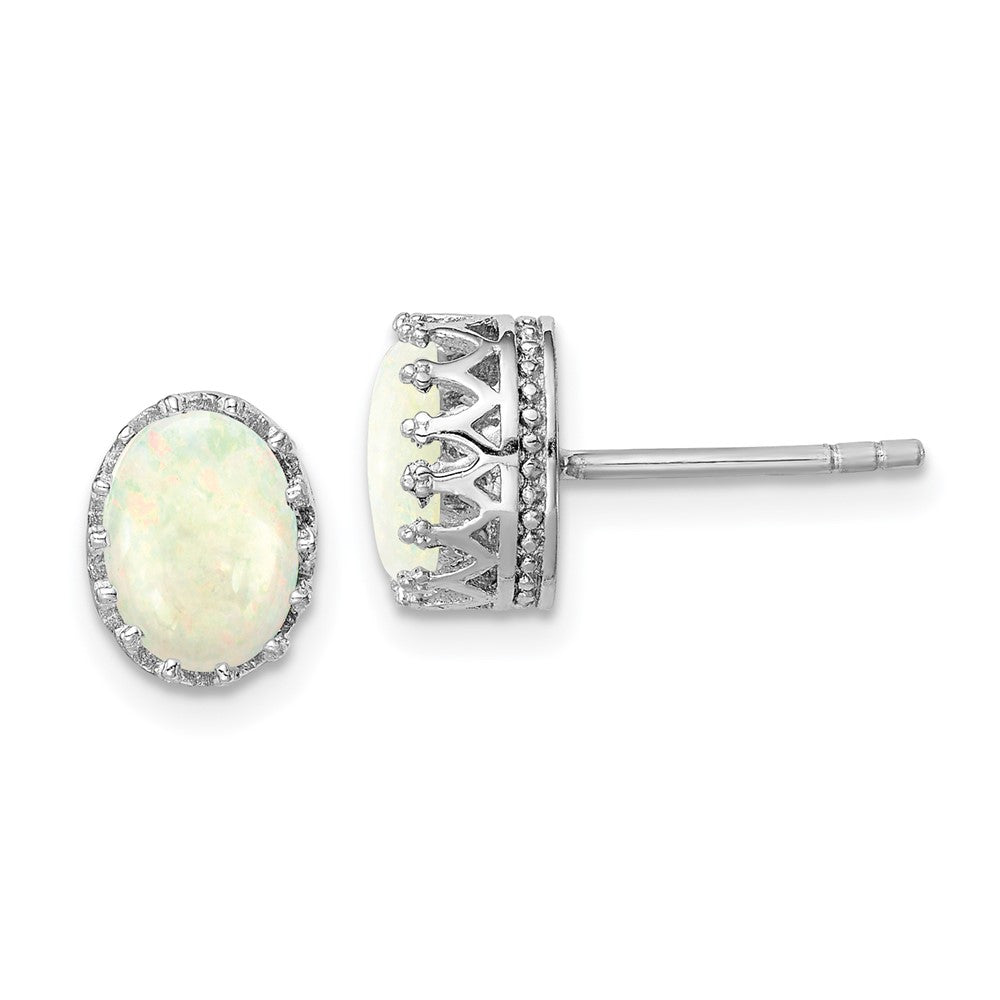 Rhodium-plated Sterling Silver 6mm Oval Created Opal Post Earrings