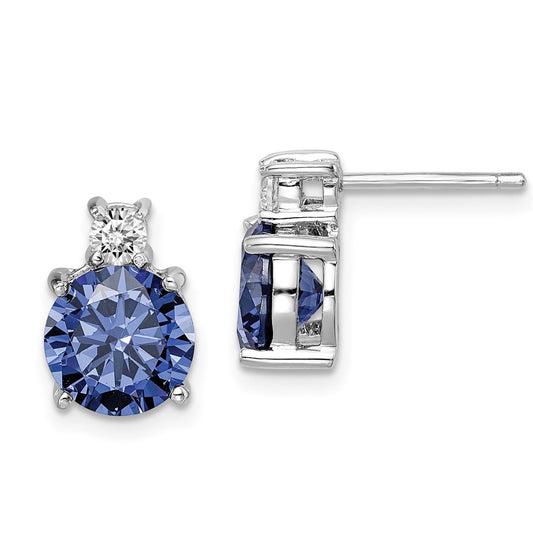 Rhodium-plated Sterling Silver Blue and White CZ Stud Earrings