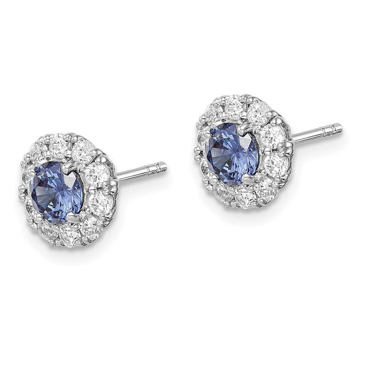 Rhodium-plated Sterling Silver Blue and White CZ Halo Post Earrings