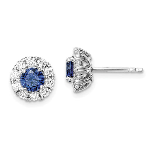 Rhodium-plated Sterling Silver Blue and White CZ Halo Post Earrings