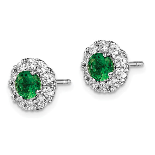 Rhodium-plated Sterling Silver Green and White CZ Halo Post Earrings