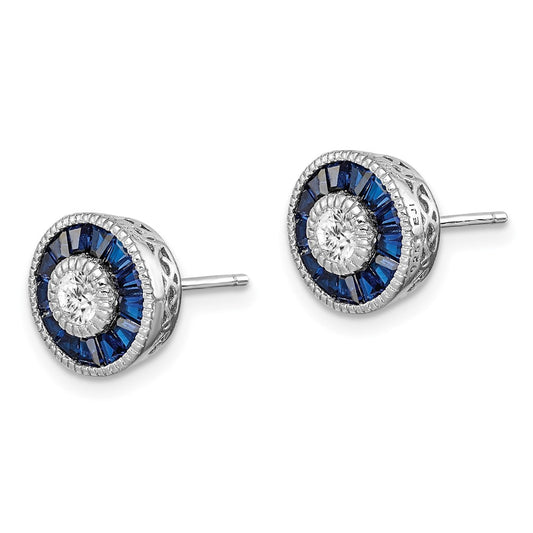 Rhodium-plated Sterling Silver Synthetic Blue Spinel and CZ Earrings