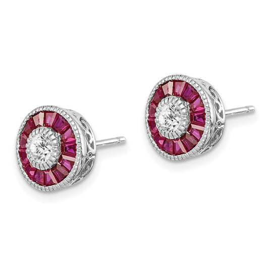 Rhodium-plated Sterling Silver CZ Created Ruby Halo Post Earrings