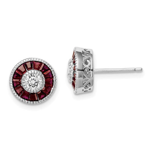 Rhodium-plated Sterling Silver CZ Created Ruby Halo Post Earrings