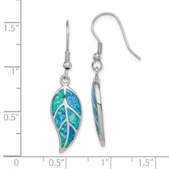 Rhodium-plated Sterling Silver Created Blue Opal Leaf Dangle Earrings