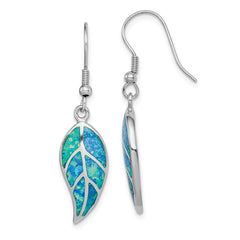 Rhodium-plated Sterling Silver Created Blue Opal Leaf Dangle Earrings