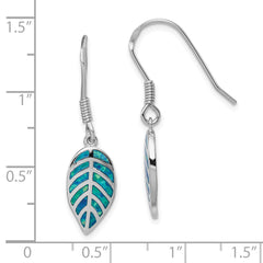 Rhodium-plated Sterling Silver Created Blue Opal Inlay Leaf Dangle Earrings