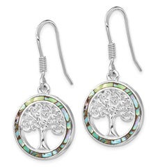 Rhodium-plated Sterling Silver Abalone Circle with Tree Dangle Earrings