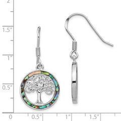 Rhodium-plated Sterling Silver Abalone Circle with Tree Dangle Earrings