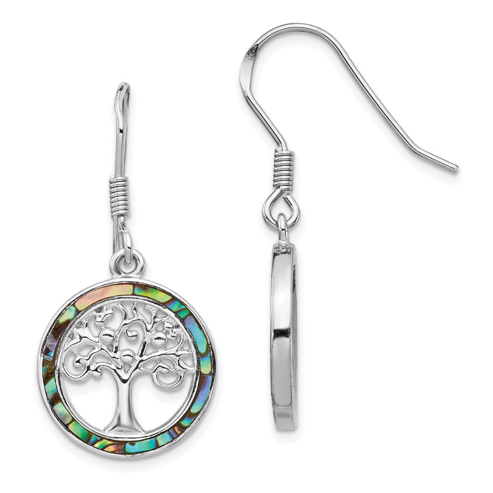 Rhodium-plated Sterling Silver Abalone Circle with Tree Dangle Earrings