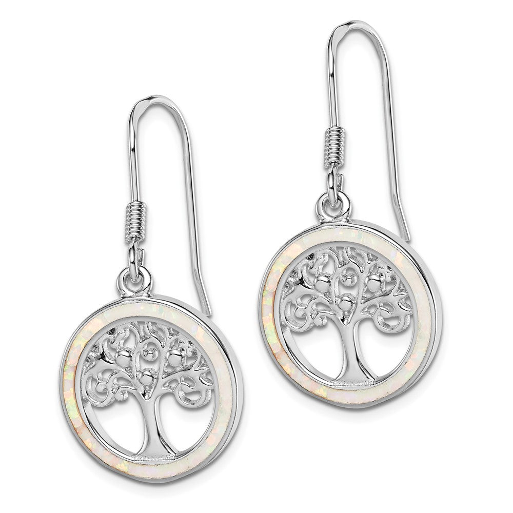 Rhodium-plated Sterling Silver Created Opal Circle with Tree Dangle Earrings
