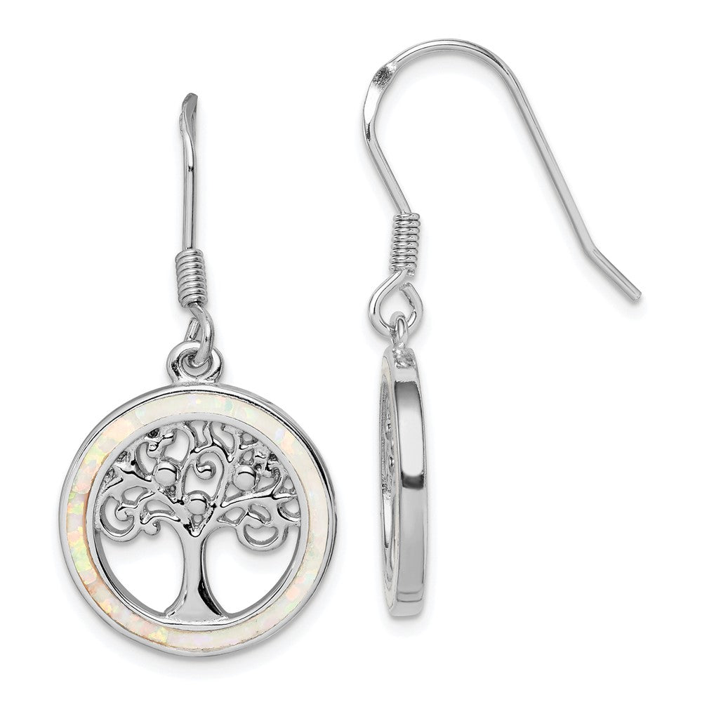 Rhodium-plated Sterling Silver Created Opal Circle with Tree Dangle Earrings