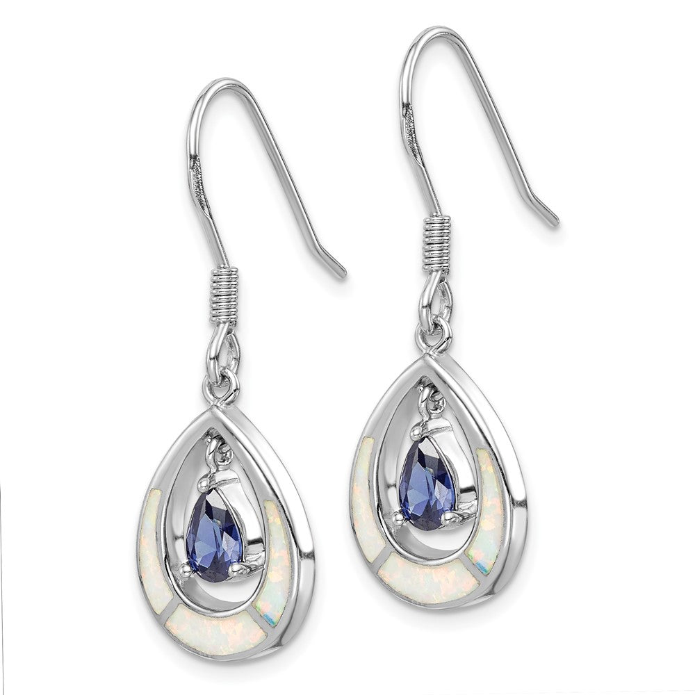 Rhodium-plated Sterling Silver Created Opal Blue CZ Teardrop Earrings