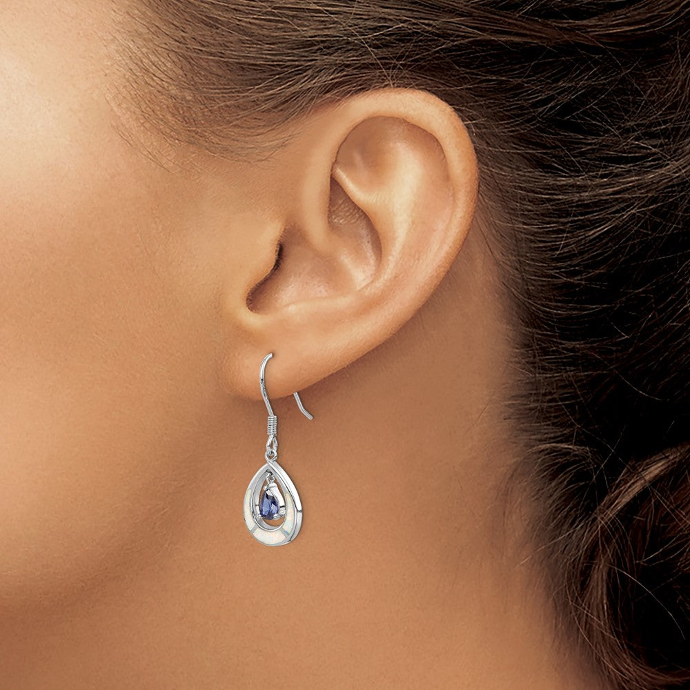 Rhodium-plated Sterling Silver Created Opal Blue CZ Teardrop Earrings