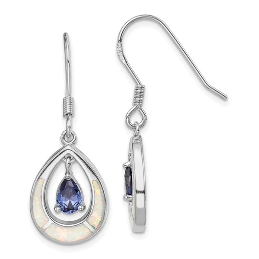 Rhodium-plated Sterling Silver Created Opal Blue CZ Teardrop Earrings