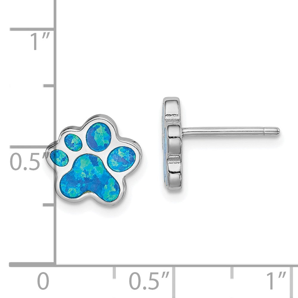 Rhodium-plated Sterling Silver Created Blue Opal Paw Print Post Earrings