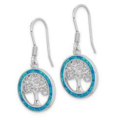 Rhodium-plated Sterling Silver Creat Blue Opal with Tree Dangle Earrings