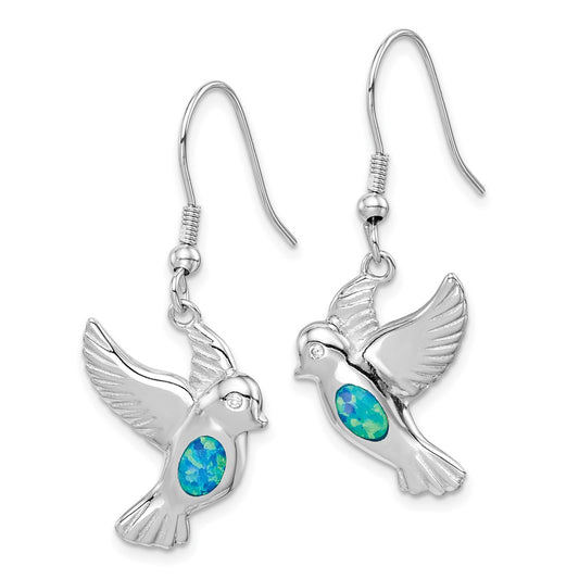 Rhodium-plated Sterling Silver Created Blue Opal Bird Dangle Earrings
