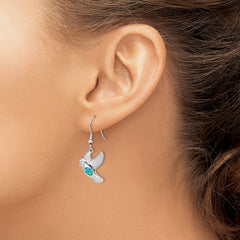 Rhodium-plated Sterling Silver Created Blue Opal Bird Dangle Earrings