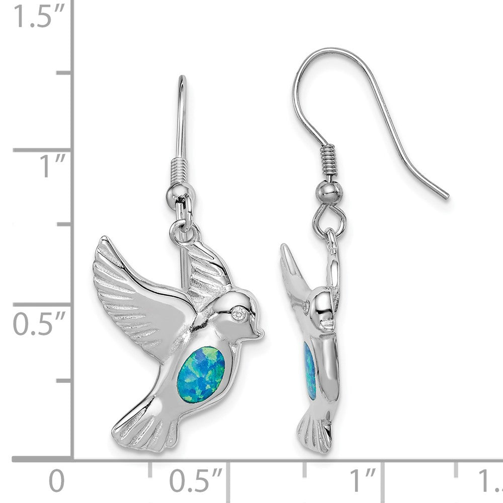 Rhodium-plated Sterling Silver Created Blue Opal Bird Dangle Earrings