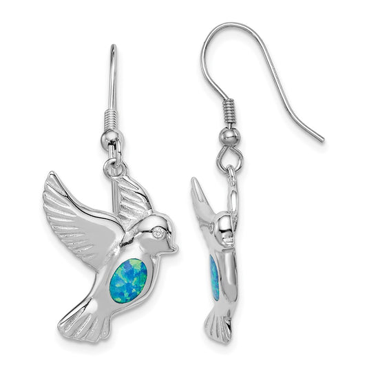 Rhodium-plated Sterling Silver Created Blue Opal Bird Dangle Earrings