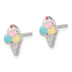 Rhodium-plated Sterling Silver Post Enameled Ice Cream Cone Earrings