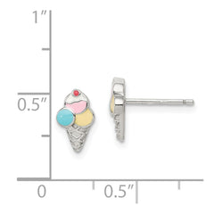 Rhodium-plated Sterling Silver Post Enameled Ice Cream Cone Earrings