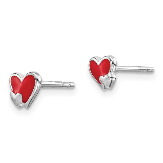 Rhodium-plated Sterling Silver Childs Enameled Red Heart Post Earrings