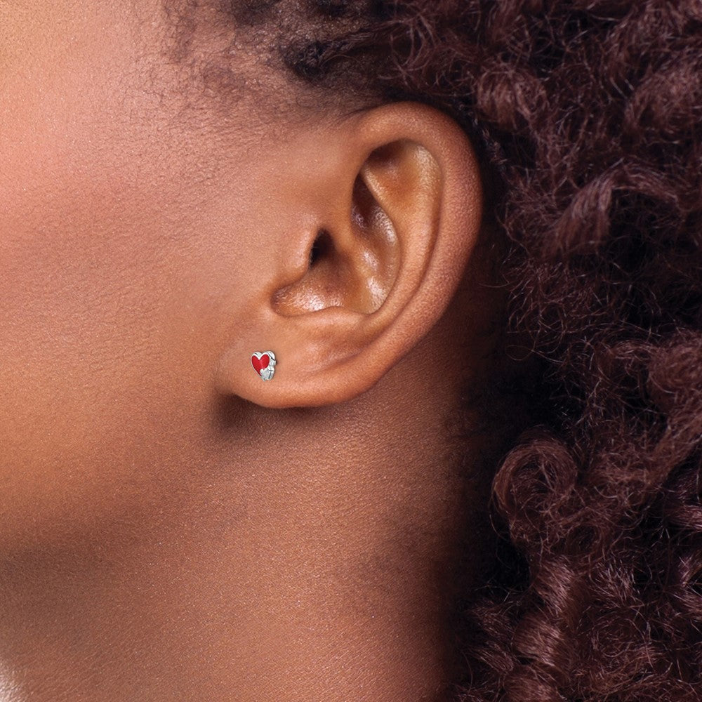 Rhodium-plated Sterling Silver Childs Enameled Red Heart Post Earrings